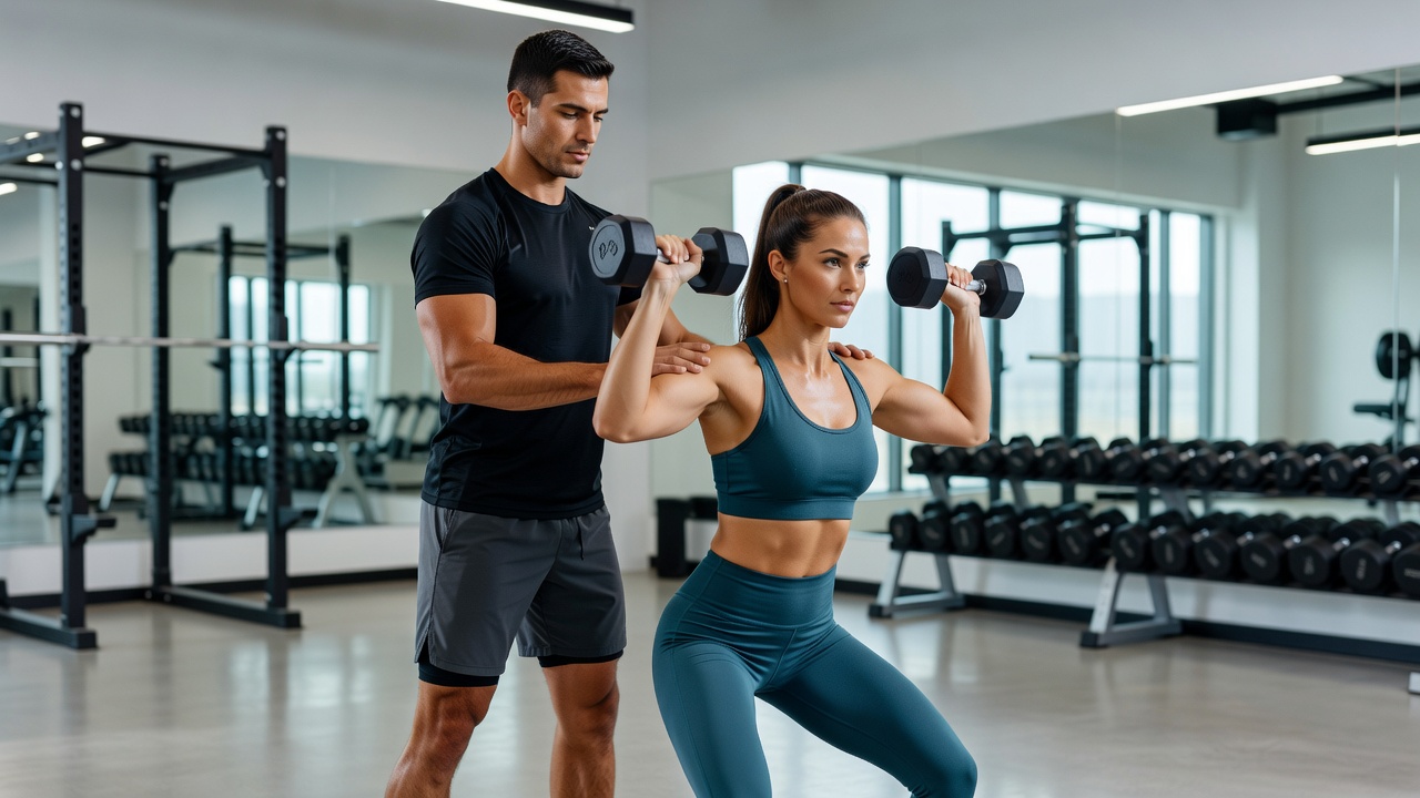 Personal trainer assisting client with exercise technique in a clean modern gym environment