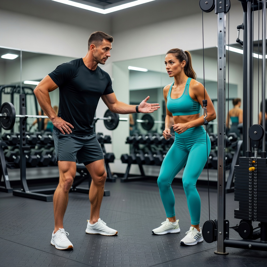 Personal trainer explaining an exercise to a client in a gym setting