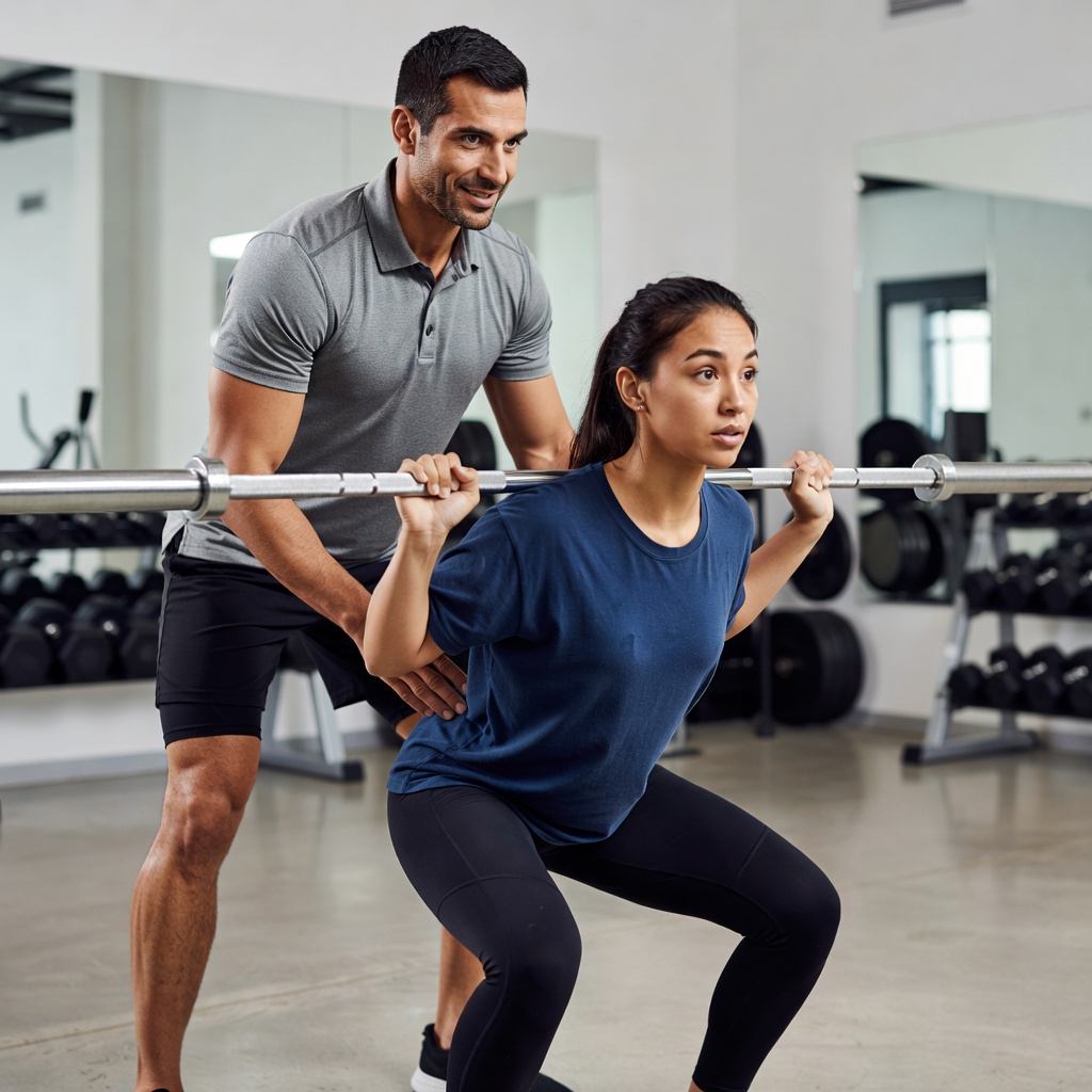 Trainer supporting beginner client in a non-intimidating gym environment