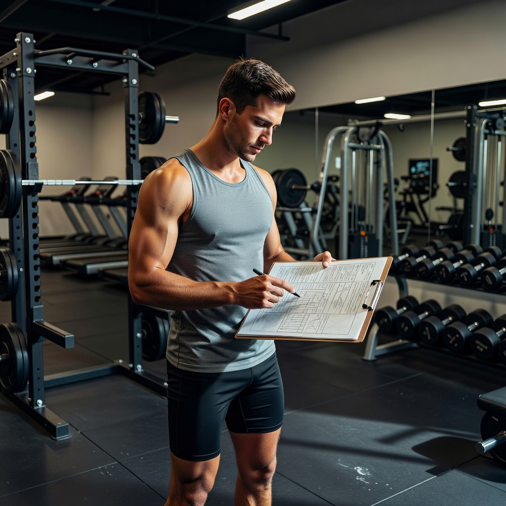 Person reviewing a detailed workout plan in a training environment
